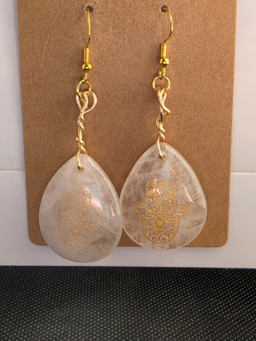 Gold Hamsa Teardrop Clear Quartz Drop Earrings